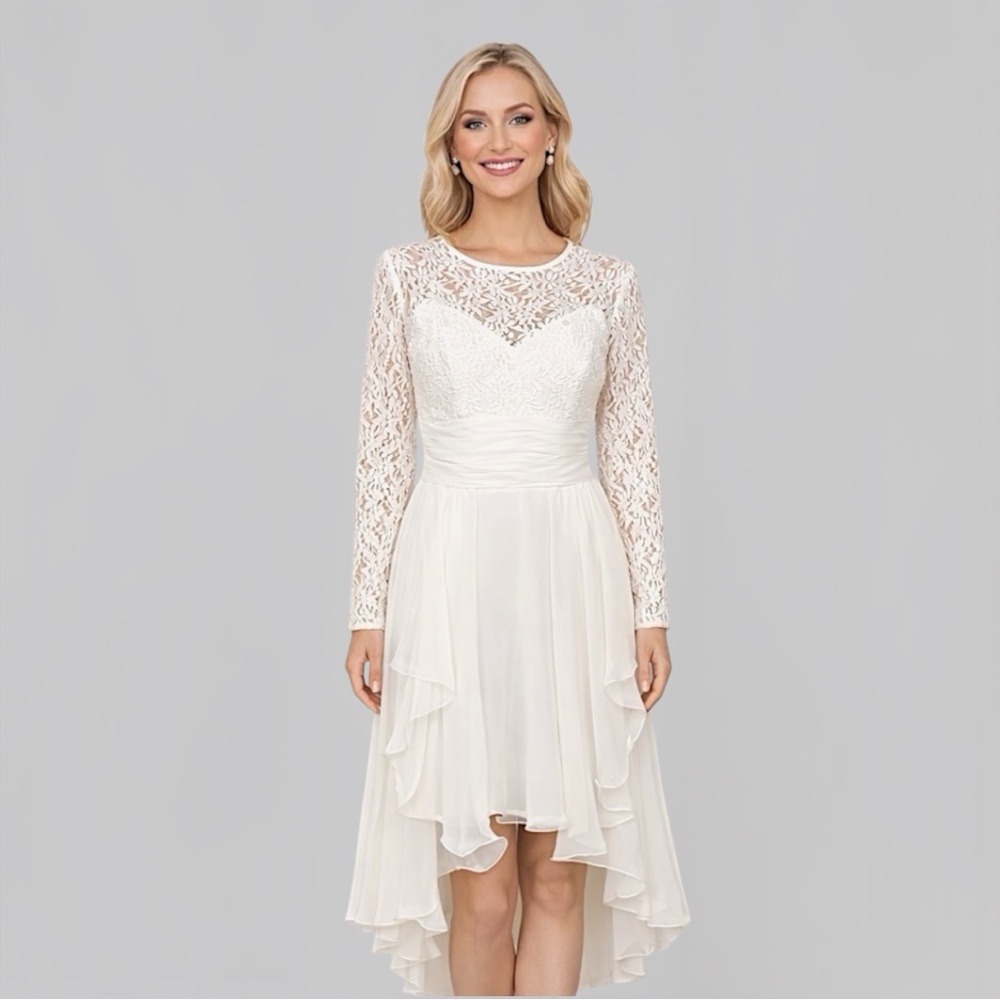 Elissa Ivory Lace & Pearl Illusion Chiffon Hi-Lo Ruffle Hem Dress